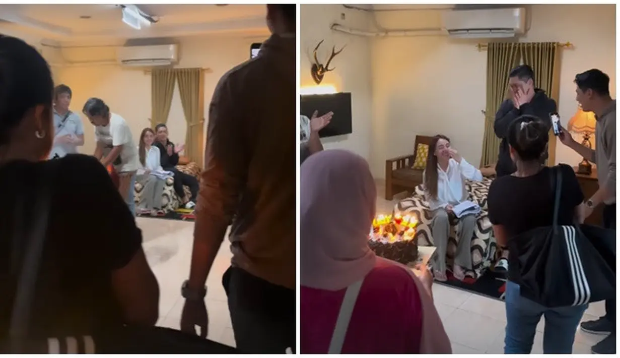 Momen ketika pemain dan kru menghampiri Amanda Manopo yang sedang syuting bersama Samuel Zylgwyn sambil membawa kue disertai dengan lagu ulang tahun. Ketika pemain dan kru menghampirinya terlihat wajah terkejut Amanda Manopo. Sudah seperti keluarga, pemain dan kru sinetron memang sering saling memberi kejutan ketika ada yang ulang tahun. (Liputan6.com/IG/@salshabillaadr)