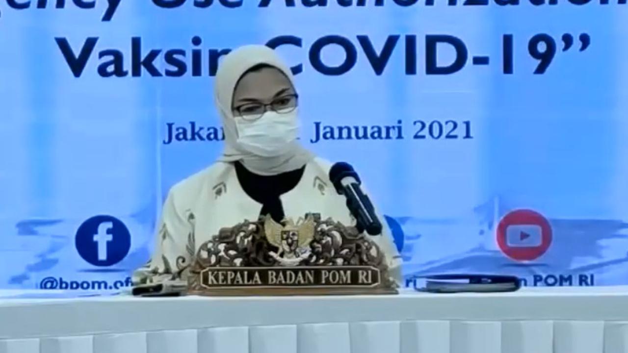 Kepala Badan Pengawas Obat dan Makanan (BPOM) Penny Lukito dalam konferensi pers emergency use authorization (EUA) vaksin COVID-19. (Foto: Tangkapan laya YouTube BPOM RI)