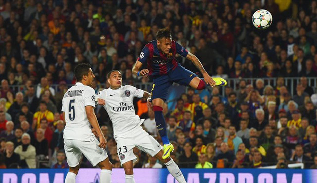 Neymar memenangkan duel udara dari Marquinhos dan Gregory van der Wiel dan mencetak gol kedua untuk Blaugrana. Sumber: UEFA.