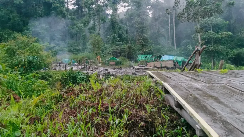 Suasana camp mining 81 di Kampung Kawe, Distrik Awimbon, Kabupaten Pegunungan Bintang, Papua usai diserang dan dibakar KKB