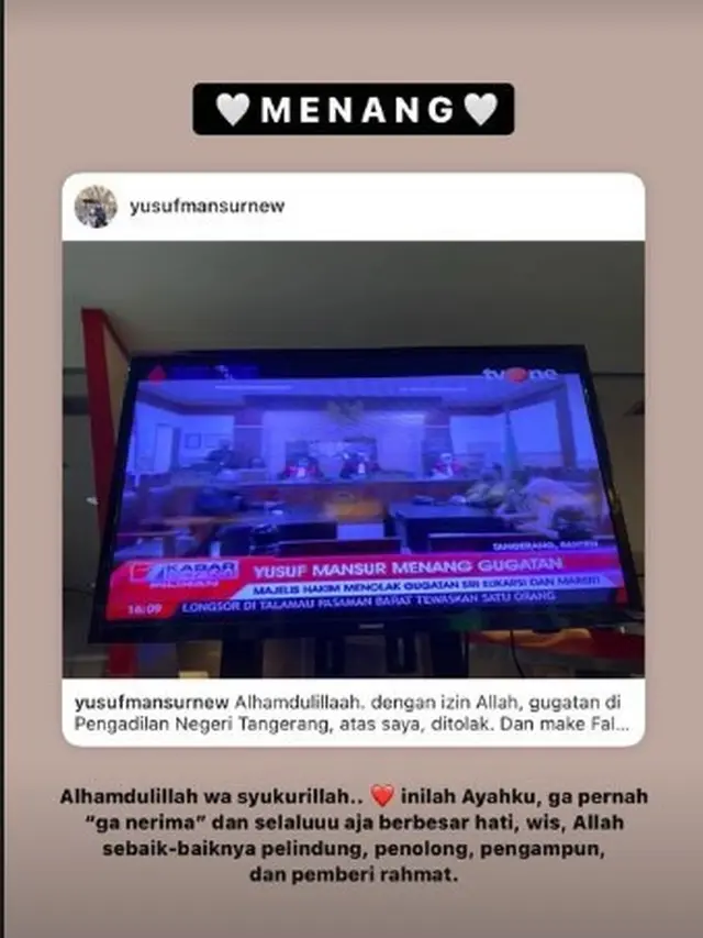 Unggahan Wirda Mansur soal kemenangan Ustaz Yusuf Mansur di kasus gugatan investasi tanah (Instagram Stories)