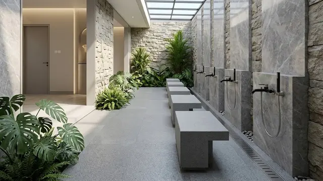 Tempat Wudhu Modern dengan Skylight dan Bangku