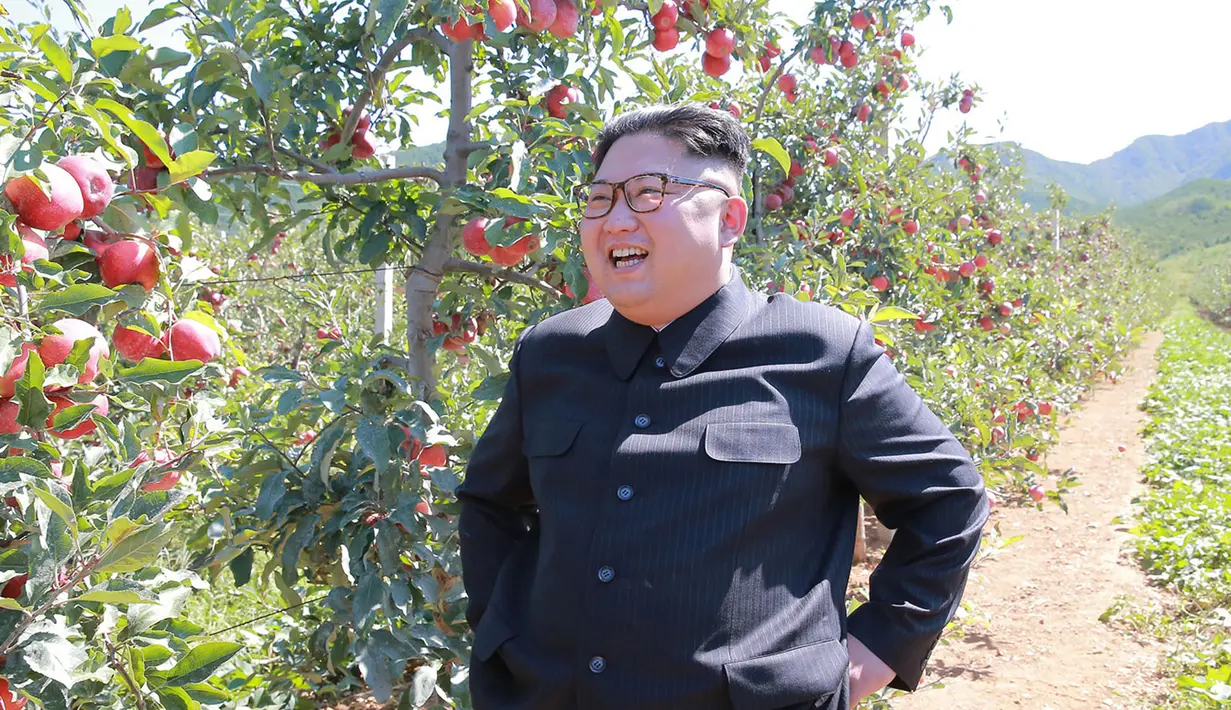 Pemimpin Korea Utara, Kim Jong-Un tersenyum ketika mengunjungi sebuah perkebunan buah apel di Kwail County, provinsi Hwanghae Selatan pada foto yang dirilis Kamis (21/9). (STR / KCNA VIS KNS / AFP)