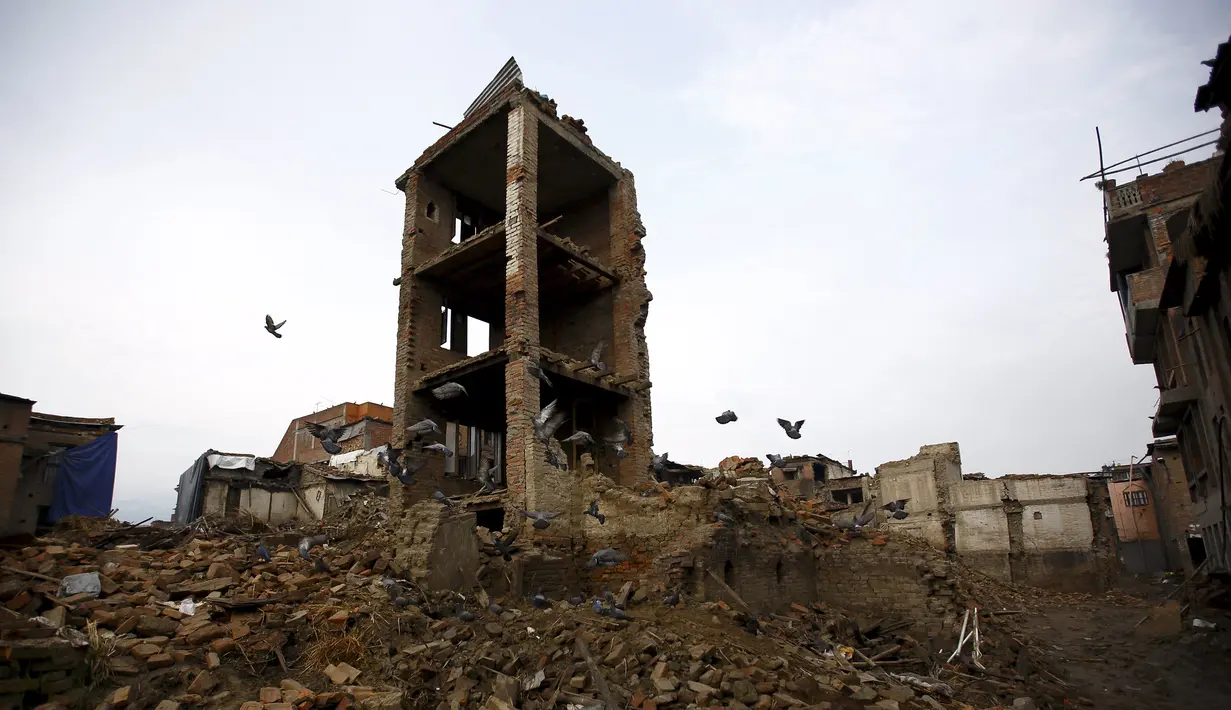 Burung merpati berterbangan di dekat bangunan yang rusak akibat gempa di Bhaktapur, Nepal (14/7/2015). PBB melaporkan dua bulan setelah gempa di Nepal, warga masih sulit mendapatkan makanan dan perawatan kesehatan. (REUTERS/Navesh Chitrakar)