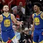 Pebasket Golden State Warriors, Stephen Curry, melakukan selebrasi usai menaklukkan Portland Trail Blazers pada laga NBA 2019 di Moda Center, Senin, (20/5). Warriors menang 119-117 atas Blazers. (AP/Craig Mitchelldyer)