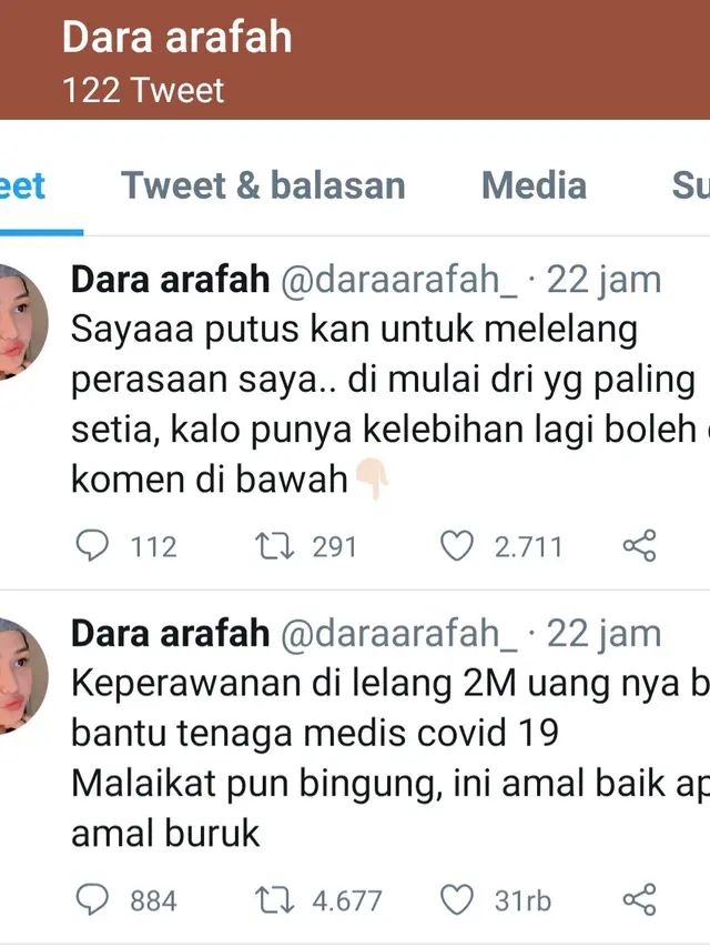 Unggahan Dara Arafah. (Foto: Twitter @daraarafah_)