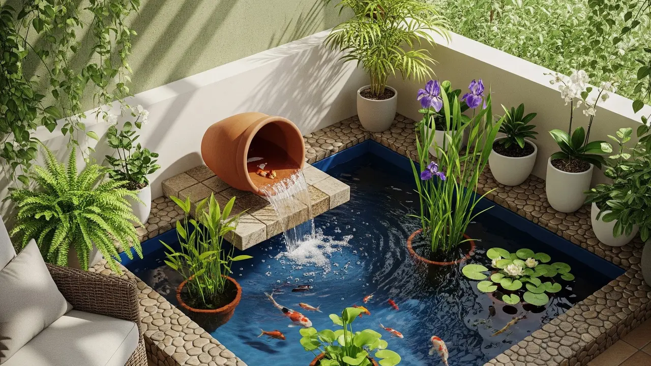 Kolam Ikan Kecil di Sudut Teras Rumah (Gemini AI)