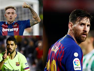 Lionel Messi memimpin puncak top scorer sementara La Liga dengan 14 Gol. Berikut pemain yang masuk bursa pencetak gol terbanyak liga Spanyol. Diantaranya, Luis Suarez dan Stuani. (Foto Kolase AP dan AFP)