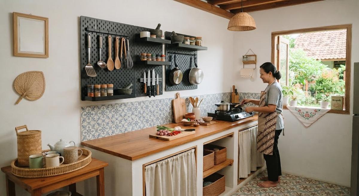 Cara Menyimpan Peralatan Dapur agar Meja Masak Tetap Kosong dan Rapi (AI Generated)