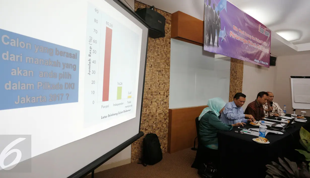 Suasana diskusi hasil survei Emrus Corner di Jakarta, Minggu (13/3/2016). Dari 400 responden perempuan yang diteliti, sebanyak 46,25 persen memilih Ahok dan 42,50 persen memilih Hasnaeni. (Liputan6.com/Faizal Fanani) 