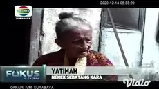 Seorang nenek berusia 71 tahun di Surabaya, Jawa Timur, hidup sebatang kara di sebuah kamar kos yang penuh dengan tumpukan sampah. Untuk hidup sehari-hari Yatimah hanya menggantungkan belas kasihan dari warga sekitar.