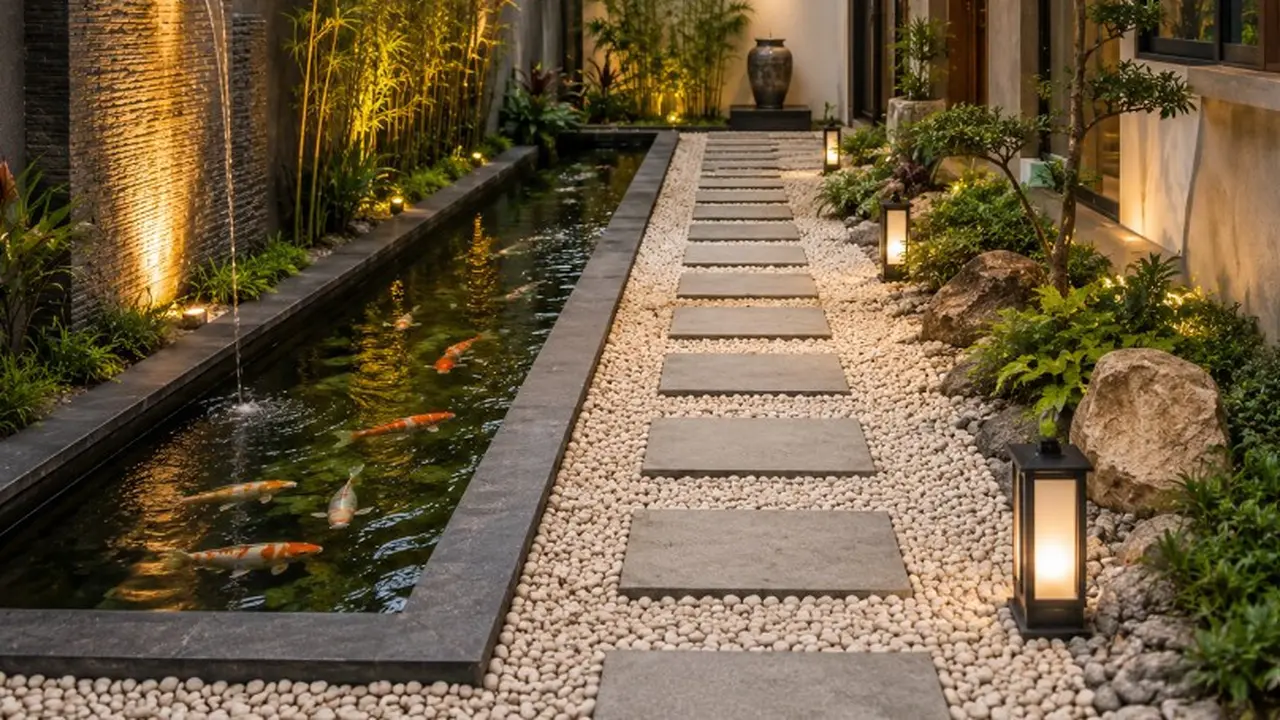 Kombinasi Taman Kering dan Kolam Ikan Dangkal Minimalis