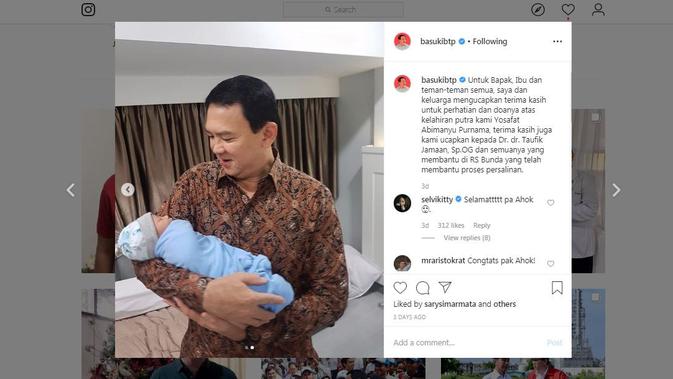 Basuki Tjahaja Purnama atau Ahok menggendong anak pertamanya bersama Puput Nastiti Devi, Yosafat Abimanyu Purnama. (Instagram @basukibtp)