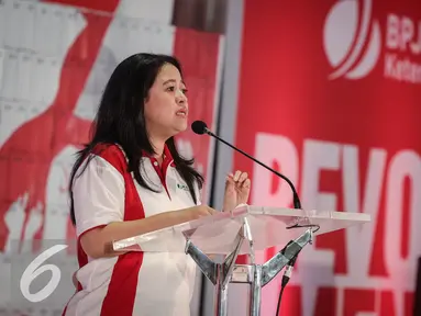 Menteri PMK, Puan Maharani memberikan sambutan saat acara Deklarasi Revolusi Mental di BPJS Ketenagakerjaan, Jakarta, Rabu (23/3). BPJS Ketenagakerjaan dapat menjadi pelopor perubahan dalam Gerakan Nasional Revolusi Mental. (Liputn6.com/Faizal Fanani)