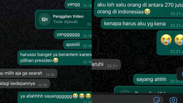 Chat viral seorang pria yang pacarnya ngambek sampai block WA karena beda pilihan capres. (Dok: TikTok @irfankakur_)