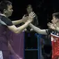 Kevin Sanjaya / Marcus Fernaldi Gideon melawan Hendra Setiawan / Mohammad Ahsan pada final ganda putera Indonesia Open 2019. The Minions menang mudah 2 gim dengan skor 21-19 21-16 di Istora Senayan, Jakarta, Minggu (21/7/2019). (Bola.com/Peksi Cahyo)