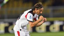 Gelandang AC Milan, Luka Modric, merayakan gol timnya dalam laga Serie A antara Lecce dan AC Milan di Via del Mare, Lecce, Italia, Jumat, 29 Agustus 2025. (Giovanni Evangelista/LaPresse via AP)