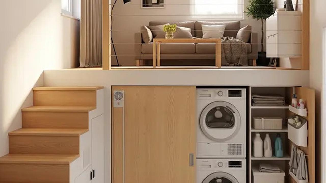 8 Inspirasi Rumah Kecil Mezzanine dengan Area Laundry Tersembunyi di Bawah Tangga