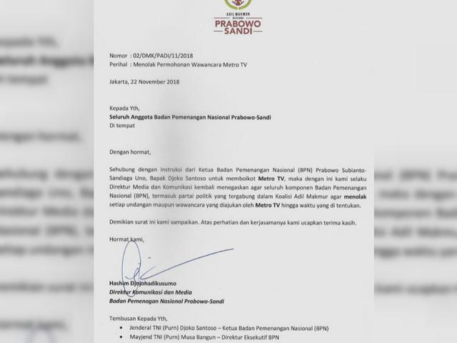 Beredar Surat Instruksi Bpn Prabowo Sandi Boikot Metro Tv Pilpres Liputan6 Com