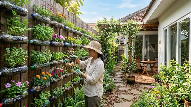 Cara Membuat Halaman Rumah Kecil Terasa Luas dengan Kebun Botol Bekas Vertikal/AI Generated