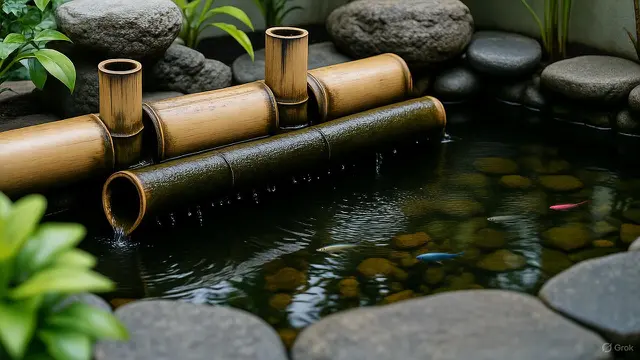 Model Kolam Ikan Mini Ornamen Bambu di Teras Rumah yang Klasik tapi Segar/Ilustrasi AI