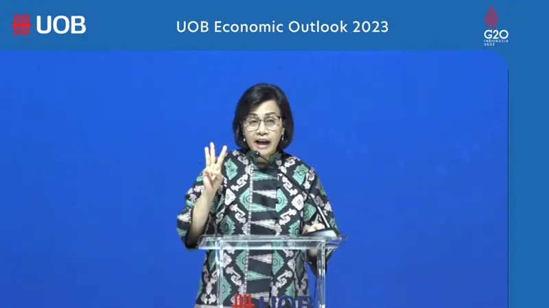 Menteri Keuangan Sri Mulyani Indrawati dalam UOB Annual Economic Outlook 2023 bertajuk “Emerging Stronger in Unity and Sustainably”, Kamis (29/9/2022).