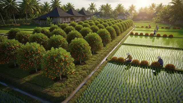 Ide Surjan dengan Pohon Buah di Sawah yang Bisa Menambah Penghasilan Petani (Gemini AI)