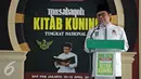 Ketua Umum PKB, Muhaimin Iskandar memberikan sambutan saat pembukaan Musabaqoh Kitab Kuning Tingkat Nasional, Jakarta, Senin (12/5). Sebanyak 325 orang putra dan putri dari lima pesantren ikut serta dalam kegiatan tersebut. (Liputan6.com/Faizal Fanani)