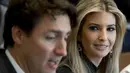 Senyum Ivanka Trump saat memperhatikan Perdana Menteri Kanada, Justin Trudeau saat rapat di Gedung Putih, Washington, (13/2). Pertemuan berdiskusi dengan pengusaha wanita dan pelaku bisnis. (AP Photo / Evan Vucci)