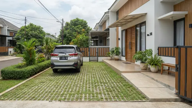 Inspirasi Carport Berlantai Grass Block yang Cocok untuk Rumah Modern Minimalis Model Menyatu dengan Teras Rumah