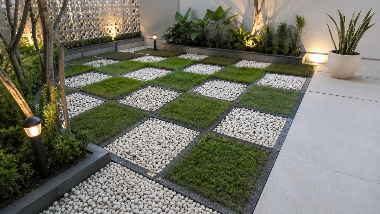 Inspirasi Kombinasi Batu Koral dan Rumput untuk Taman Minimalis