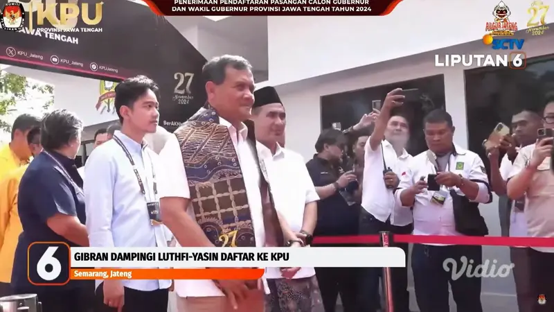 Wakil Presiden Terpilih, Gibran Rakabuming Raka saat mendampingi Ahmad Luthfi-Taj Yasin Maimoen mendaftar Pilkada Jateng 2024. (sumber: YouTube Liputa6)