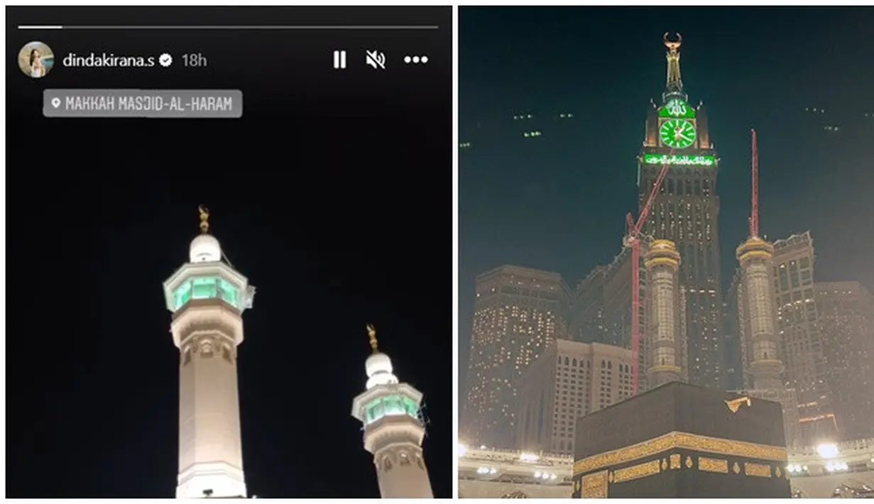 Unggah suasana saat berada di Tanah Suci, suara azan berkumandang yang diunggah Dinda Kirana ini memenangkan. Sementara Naufal Samudra bagikan potret suasana siang hari dan malam hari di Tanah Suci. Sholat Zuhur dengan pemandangan ka’bah yang indah menjadi pemandangan yang ingin dilihat oleh seluruh umat muslim di dunia. (Liputan6.com/IG/@dindakirana.s/@itsnaufalsamudra)