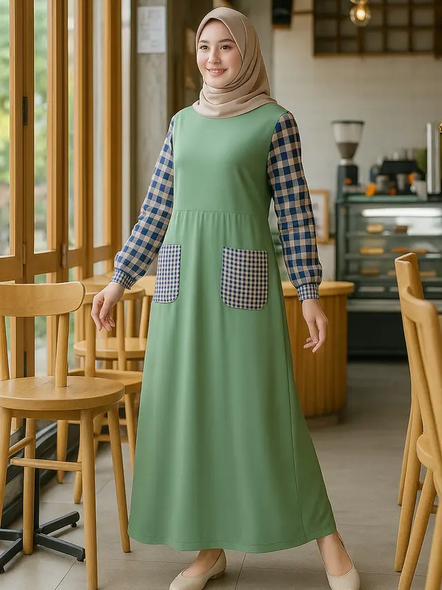 Outfit Gamis Kotak-Kotak Kombinasi Polos dan Tips Memilihnya/via GPT