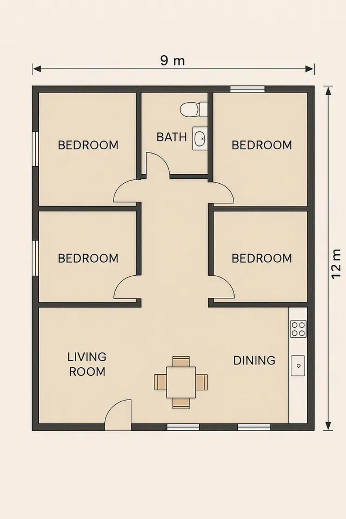 Denah Rumah Minimalis Sederhana 9x12 Dengan 4 Kamar Tidur, Segini Estimasi Biayanya