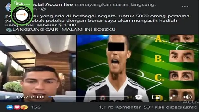 Gambar Tangkapan Layar Kabar Cristiano Ronaldo Bagi-Bagi Uang di Facebook (sumber: Facebook)