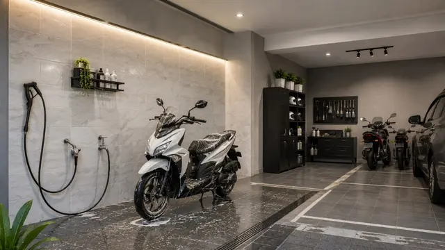 Tempat Cuci Motor dengan Dinding Keramik