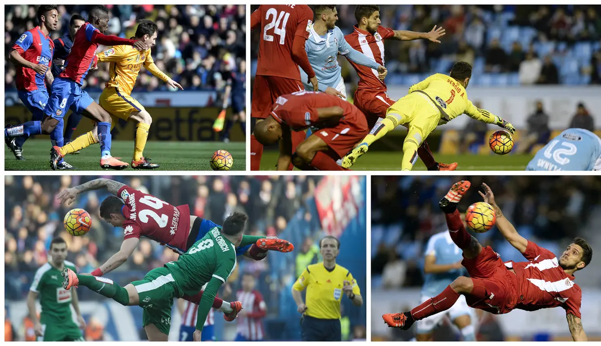 Foto terbaik La Liga Spanyol pekan ke-23 diwarnai oleh solo run bintang Barcelona, Lionel Messi dan juga aksi salto pemain Sevilla, Daniel Carrico.