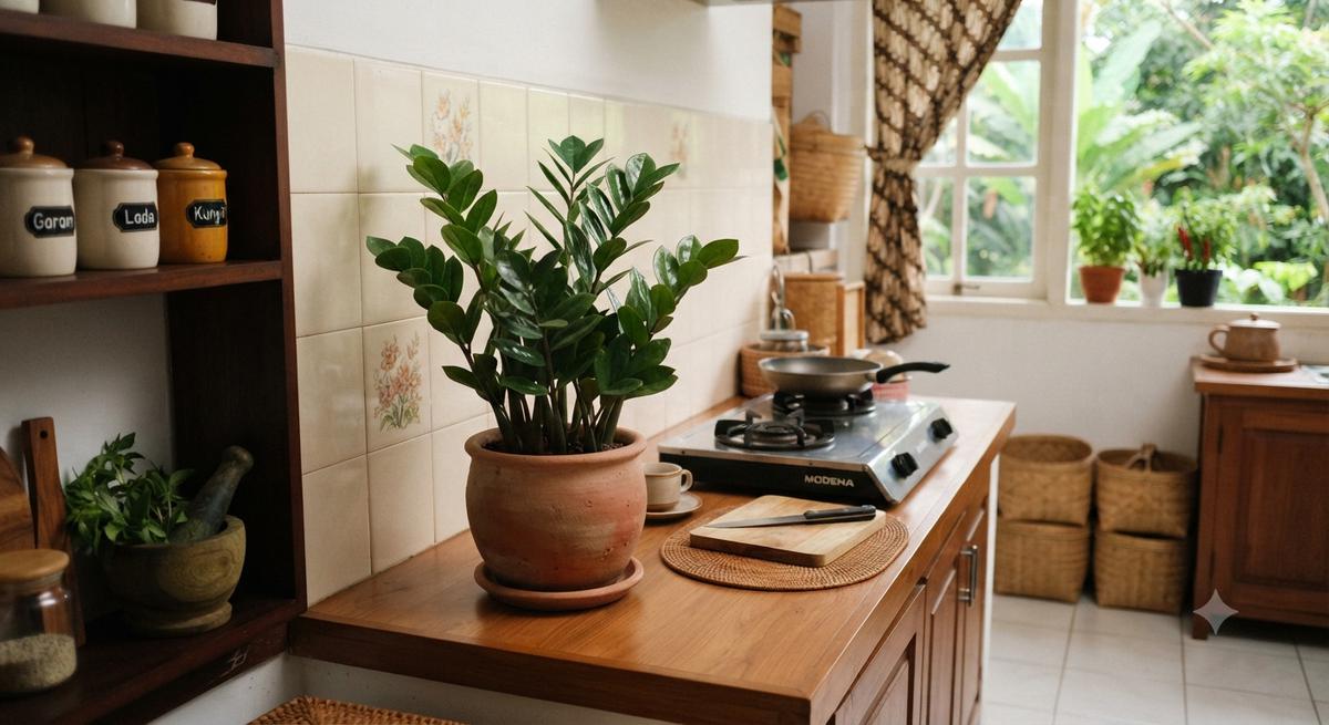 Tanaman hias yang tidak mudah layu meski dekat area memasak dan bikin Bunda tidak setress saat di dapur model ZZ Plant