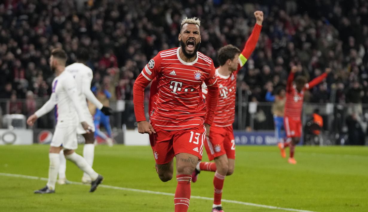 <p>Penyerang Bayern Munchen, Eric Maxim Choupo-Moting berselebrasi setelah mencetak gol ke gawang PSG pada pertandingan leg 2 babak 16 besar Liga Champions di Allianz Arena di Munich, Jerman, Kamis (9/3/2023). Berkat kemenangan ini, Bayern lolos ke perempatfinal Liga Champions dengan keunggulan agregat 3-0 atas PSG. (AP Photo/Matthias Schrader)</p>