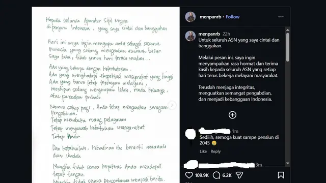 Tangkapan layar surat MenPAN-RB Rini Widyantini.