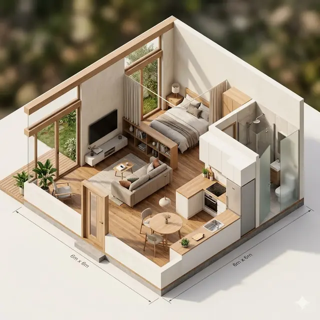 Denah Rumah 6x6 Modern Tanpa Banyak Dinding