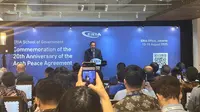 Presiden ke-6 RI Susilo Bambang Yudhoyono dalam Forum Peringatan 20 Tahun Perjanjian Damai Aceh yang diselenggarakan oleh Economic Research Institute for ASEAN and East Asia (ERIA) di Jakarta, Jumat (15/8/2025). (Dok. Liputan6.com/Khairisa Ferida)