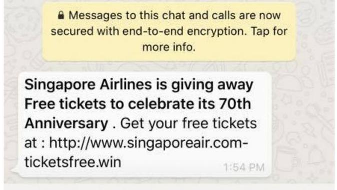 Penipuan phishing lewat WhatsApp dengan iming-iming tiket pesawat Singapore Airlines gratis (Foto: Strait Times)