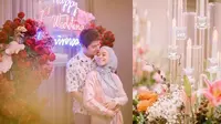 Momen romantis keduanya diabadikan apik oleh Askar Photography. Tampak dekorasi bunga dan tulisan ‘Happy 1 Wedding Anniversary’ menghiasi ruangan.  (Instagram/askar_photography/lestykejora).