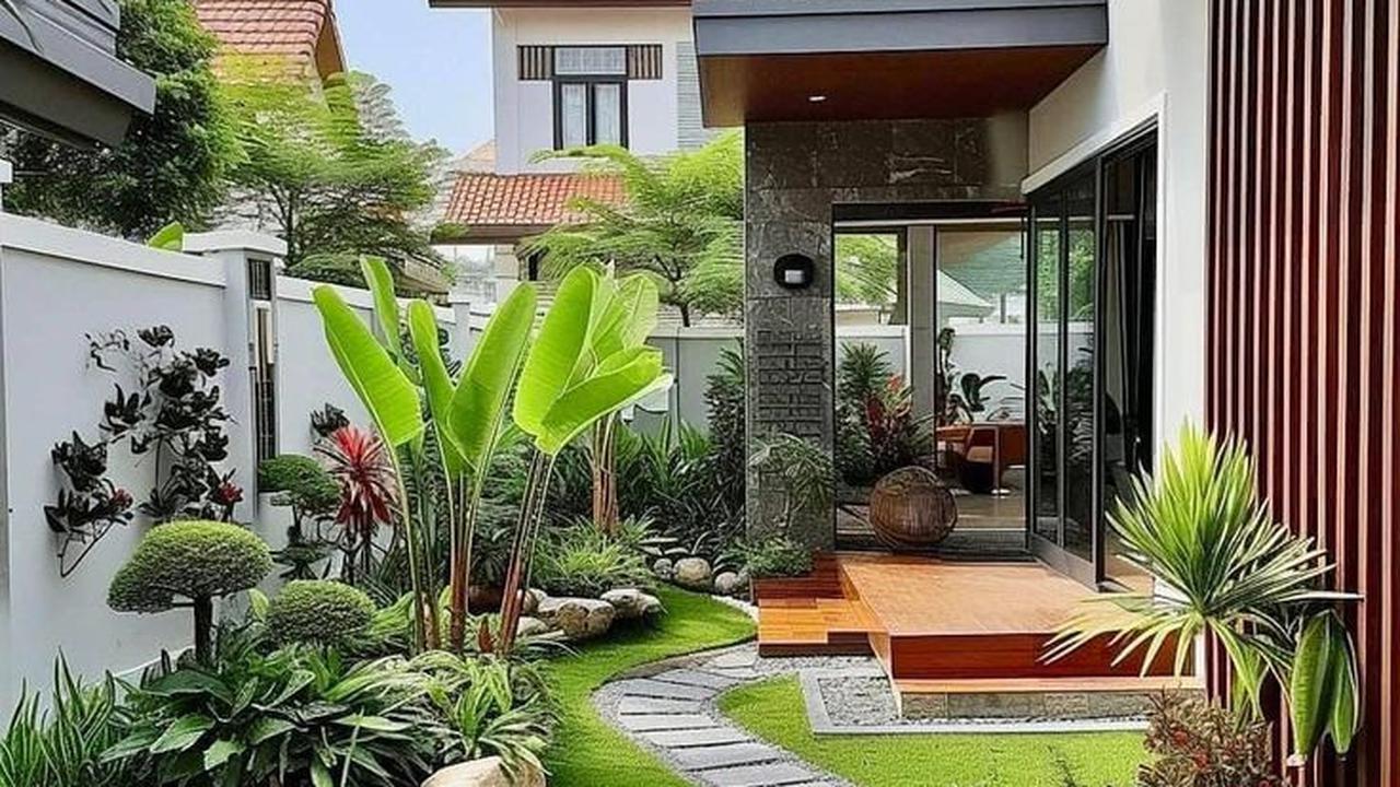 Ilustrasi Taman Depan Rumah Minimalis Lahan Sempit dengan Jalan Setapak (©Pinterest)
