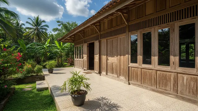 Rumah Desa dengan Kombinasi Kayu Tua dan Lantai Teraso/Gemini AI