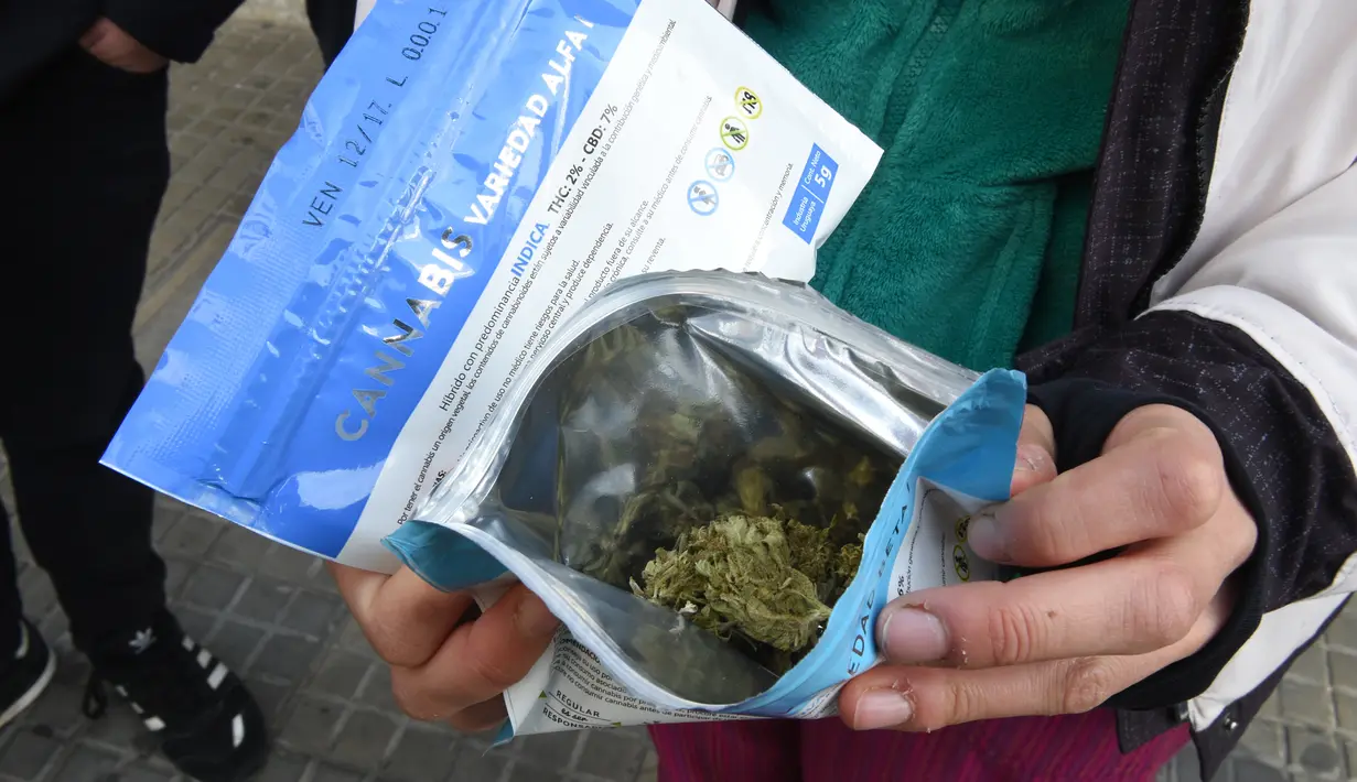 Seorang pria menunjukkan dua kemasan ganja yang baru dibeli di apotek di Montevideo, Uruguay (19/7). Urugay menjadi yang pertama di dunia yang secara resmi melegalkan produksi dan penjualan ganja. (AFP Photo/Miguel Rojo)