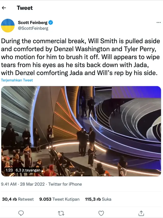 Cuitan Scott Feinberg soal Will Smith menampar Chris Rock. (Foto: Dok. Twitter @ScottFeinberg)