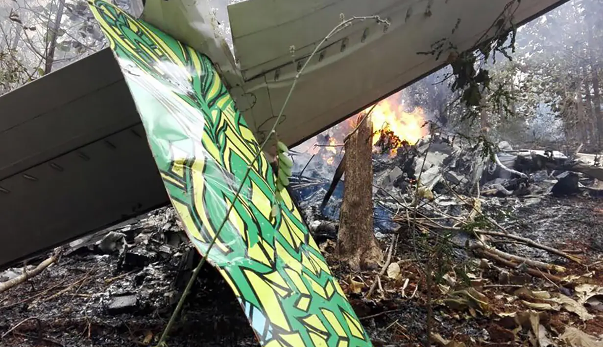 Sebuah ekor pesawat penumpang kecil yang jatuh di dekat Punta Islita, Kosta Rika, Minggu, (31/12). Pesawat yang membawa 12 penumpang, 10 diantaranya wisatawan asal Amerika tewas seketika. (AFP Photo/Kementerian Pertahanan Kosta Rika)